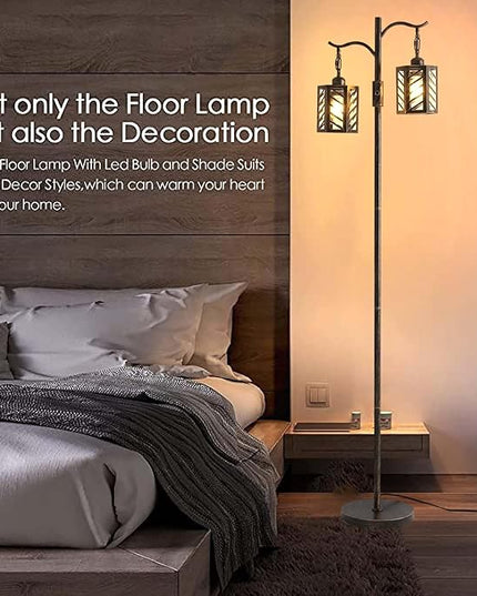 Industrial Floor Lamp,Vintage Dimmable Floor Lamp,2 Classical Lanterns Standing Lamp, Rustic Farmhouse Floor Lamp with Bronze Gold Finish, for Living Room Bedroom (Bronze) - LeafyLoom