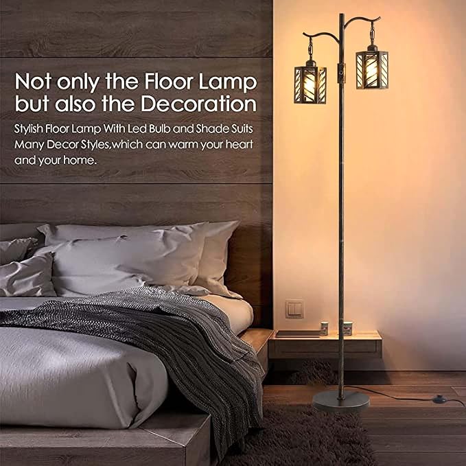 Industrial Floor Lamp,Vintage Dimmable Floor Lamp,2 Classical Lanterns Standing Lamp, Rustic Farmhouse Floor Lamp with Bronze Gold Finish, for Living Room Bedroom (Bronze) - LeafyLoom