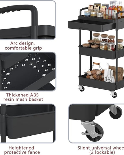 3-Tier Rolling Cart，Trolley with Drawer, Multifunctional Storage Organizer with Plastic Shelf & Metal Wheels, Kitchen Storage Cart for Living Room, Kitchen, Office, Bathroom, Black - LeafyLoom