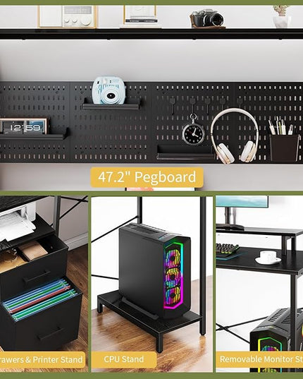 Yoobure L Shaped Desk with Pegboard, Reversible Gaming Desk with LED Lights & Power Outlets, Computer Desk with Drawers & Storage Shelves, Office Desk with Monitor Stand Corner Desk Home Office Desks - LeafyLoom