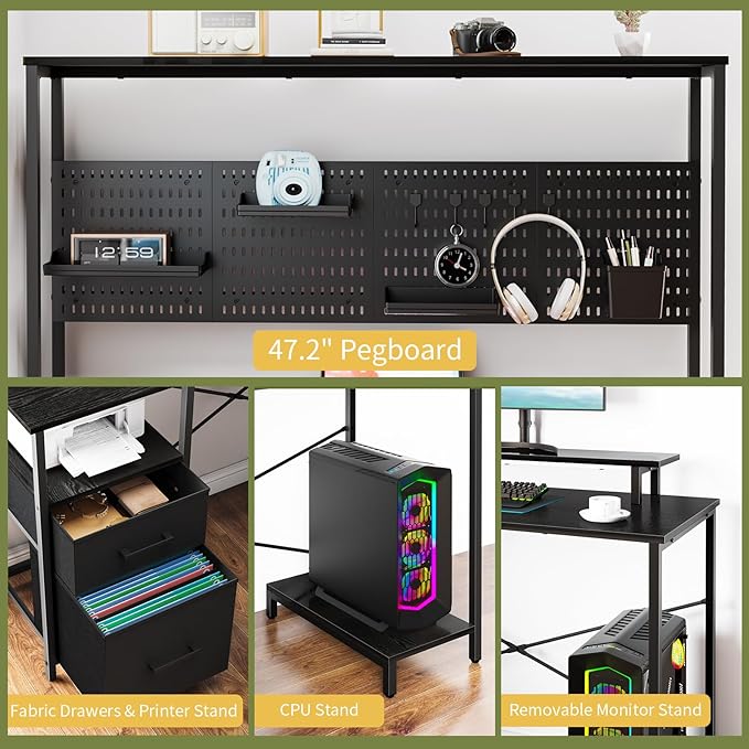 Yoobure L Shaped Desk with Pegboard, Reversible Gaming Desk with LED Lights & Power Outlets, Computer Desk with Drawers & Storage Shelves, Office Desk with Monitor Stand Corner Desk Home Office Desks - LeafyLoom