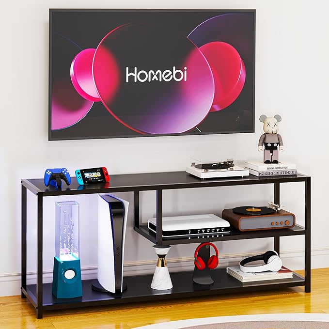 HOME BI TV Stand for 50 55 Inch TV, Entertainment Center with Storage, Wood TV Console for Living Room, TV Cabinet with Metal Frame, Black - LeafyLoom
