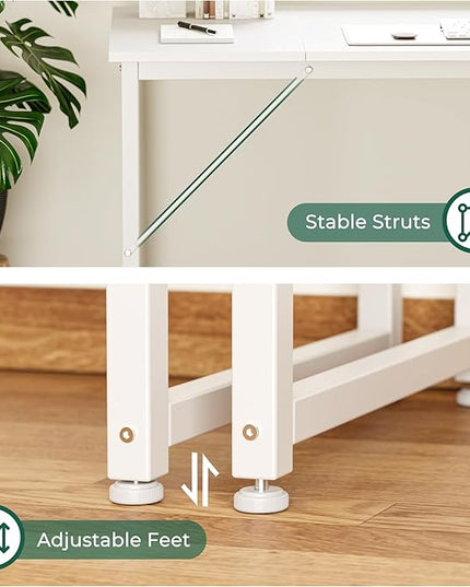 Computer Desk, 63 Inch Office Desk, Gaming Desk with Storage, Writing Desk Work Desk for Home Office, Study, Modern Simple Desk, Large Legroom, Metal Frame, White - LeafyLoom