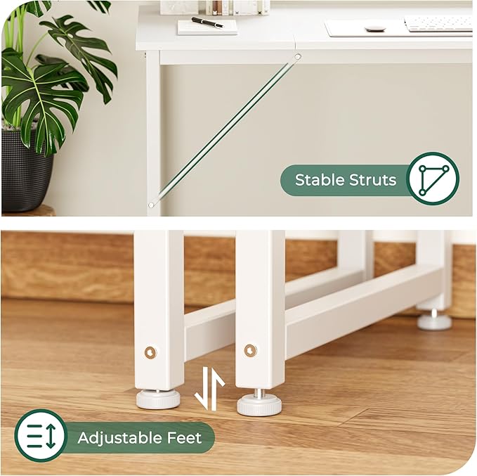 Computer Desk, 70 Inch Office Desk, Gaming Desk with Storage, Writing Desk Work Desk for Home Office, Study, Long Simple Desk, Large Legroom, Metal Frame, White - LeafyLoom
