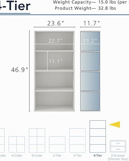 Apexa 4-Tier Cube Storage Organizer Shelves, Stackable Wood Bookcase Fits Cubby Bins for Organization, Dorm Teen Room Decor & Home Office, White - LeafyLoom