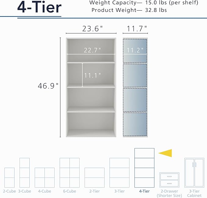 Apexa 4-Tier Cube Storage Organizer Shelves, Stackable Wood Bookcase Fits Cubby Bins for Organization, Dorm Teen Room Decor & Home Office, White - LeafyLoom