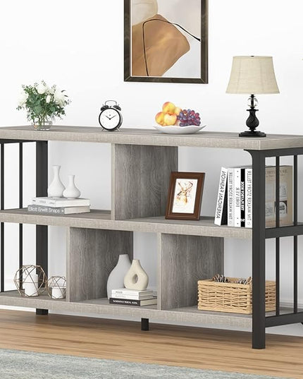 IBF Industrial Horizontal Bookshelf, Modern 5 Cube Storage Organizer Open Shelf, Low Wide Cubby Bookcase for Home Office Living, Wooden Metal Short Book Shelf Bedroom Storage, Light Grey Oak, 47 Inch - LeafyLoom