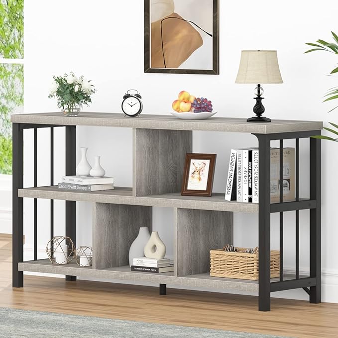 IBF Industrial Horizontal Bookshelf, Modern 5 Cube Storage Organizer Open Shelf, Low Wide Cubby Bookcase for Home Office Living, Wooden Metal Short Book Shelf Bedroom Storage, Light Grey Oak, 47 Inch - LeafyLoom
