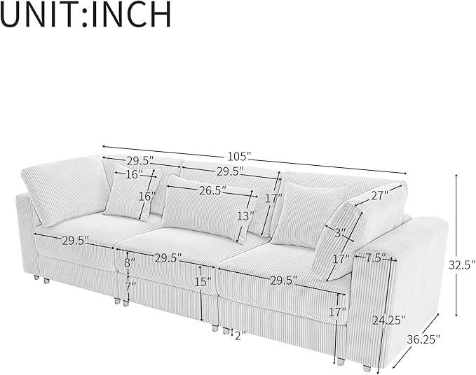 Morden Soft Corduroy Upholstered 3 Seater Sofa Couch with Removable Back Cushions and 5 Pillows for Living Room, Apartment, Office, 105", Gray-403 - LeafyLoom