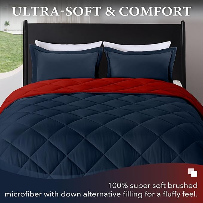 downluxe Queen Comforter Set - Red and Navy Queen Comforter, Soft Bedding Sets for All Seasons -3 Pieces - 1 Comforter (88"x92") and 2 Pillow Shams(20"x26") - LeafyLoom
