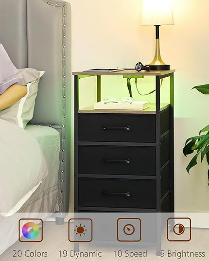 Nightstands Set of 2, Large End Tables Living Room, Bed Side Tables with Charging Station, 30" Tall Night Stand with 4 Fabric Drawers and LED Light Strip for Bedroom HNS014GY - LeafyLoom