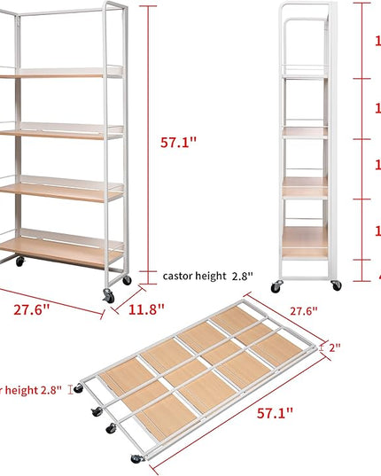 No-Assembly Folding Bookshelf Storage Rack Shelves with Castors 4 Tiers Vintage Bookcase Standing Racks Multifunctional Plant Flower Stand Study Organizer for Home Office (Wood,White) - LeafyLoom