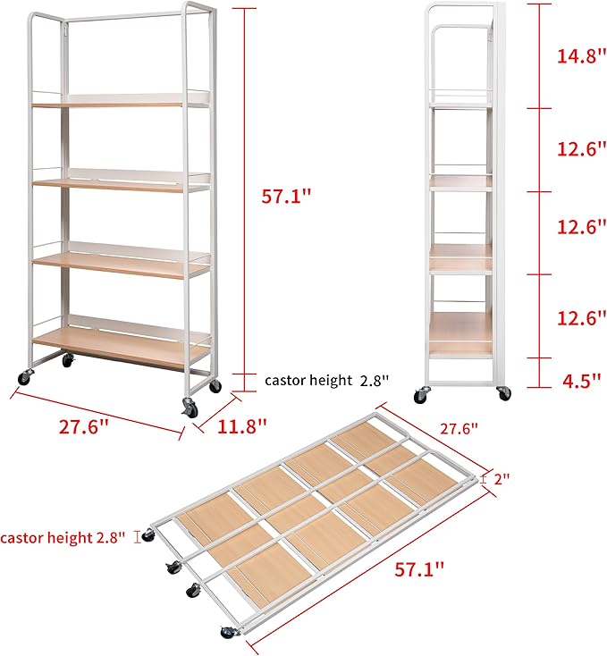 No-Assembly Folding Bookshelf Storage Rack Shelves with Castors 4 Tiers Vintage Bookcase Standing Racks Multifunctional Plant Flower Stand Study Organizer for Home Office (Wood,White) - LeafyLoom