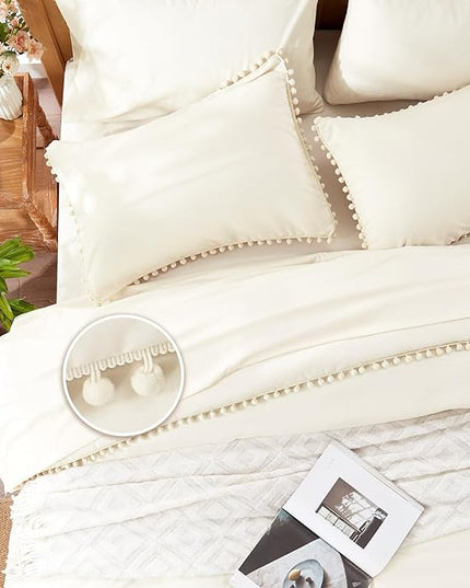 Anluoer Queen Comforter Set 7 Piece, Cream Bed in a Bag with Sheets, Pom Pom Boho Bedding Comforter Sets with 1 Comforter, 2 Pillow Shams, 2 Pillowcases, 1 Flat Sheet, 1 Fitted Sheet - LeafyLoom