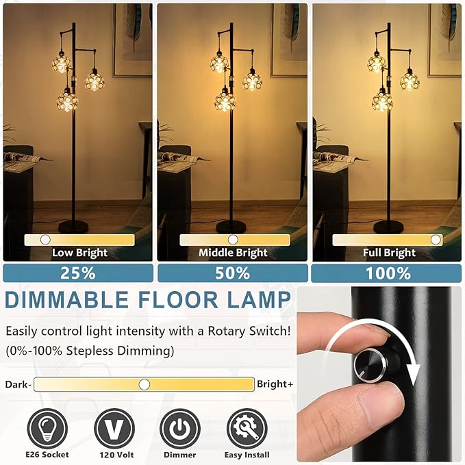 Dimmable Crystal Floor Lamp, Industrial Farmhouse Lamps for Living Room, 3-Light Black Standing Lamp Bedroom, Modern with 3 Lampshades, Rustic Tall Tree 64inch, E26 - LeafyLoom