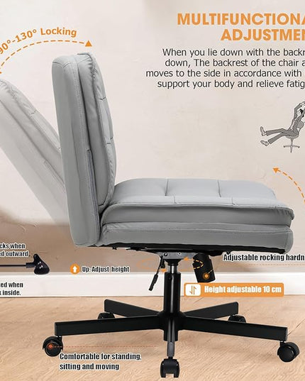 COMHOMA Criss Cross Chair with Wheels, Armless Wide Cross Legged Office Chair Mid Back, Modern Home Office Desk Chair Swivel Adjustable Vanity Computer Chair, Gray - LeafyLoom