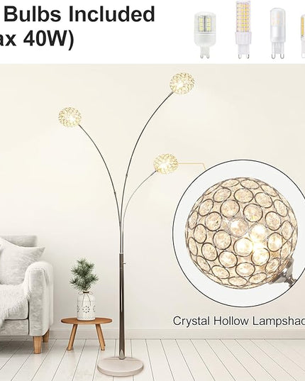 Depuley 3-Light Modern LED Floor Lamp, Adjustable Metal Tall Standing Lamps with Marble Base, Dimmable Arc Floor Lamp with Flexible Rotating Lights for Living Room, Bedroom(Silver, G9 Bulbs Included) - LeafyLoom