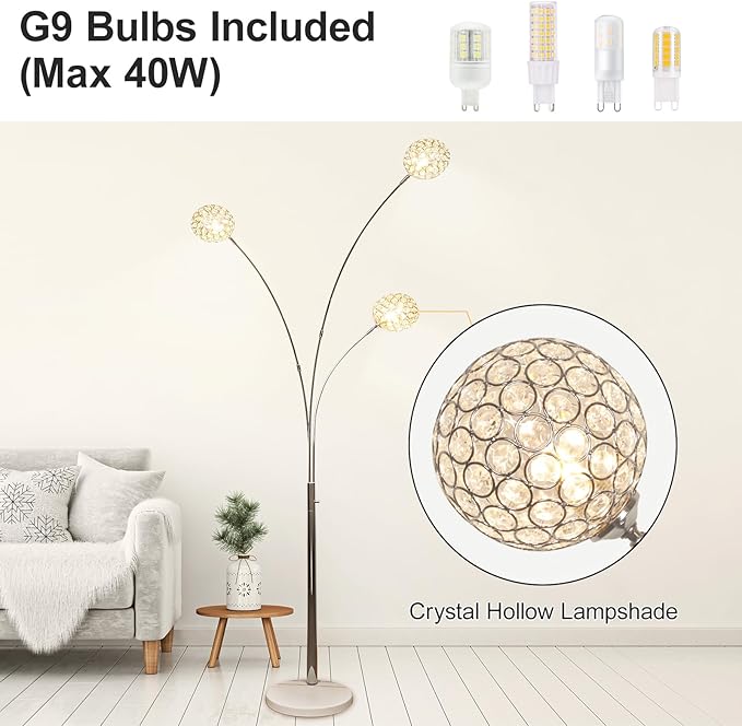 Depuley 3-Light Modern LED Floor Lamp, Adjustable Metal Tall Standing Lamps with Marble Base, Dimmable Arc Floor Lamp with Flexible Rotating Lights for Living Room, Bedroom(Silver, G9 Bulbs Included) - LeafyLoom