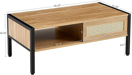 Rattan Coffee Table 40 Inch Mid Century Modern Coffee Table with Storage, Industrial Metal Rectangle Wood Center Table with Rattan Sliding Door for Living Room, Natural - LeafyLoom