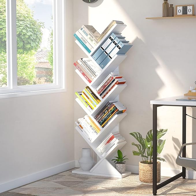 Topfurny Tree Bookshelf, 9-Tier Shelf Rustic Brown Bookcase, Retro Wood Storage Rack for CDs/Movies/Books, Anti-Fall Utility Organizer Shelves for Living Room, Bedroom, Home Office, White - LeafyLoom