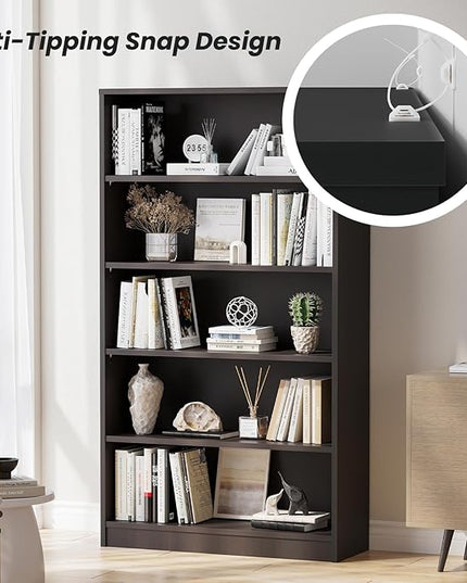Farini 5 shelf boockase Display Bookcase Freestanding Wooden Bookshelves for Home Office Living Room,60 Inch Height,Black - LeafyLoom