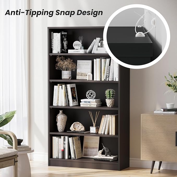 Farini 5 shelf boockase Display Bookcase Freestanding Wooden Bookshelves for Home Office Living Room,60 Inch Height,Black - LeafyLoom