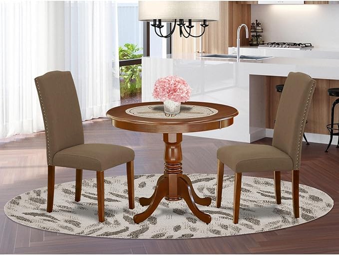 East West Furniture ANEN3-MAH-18 Antique 3 Piece Room Furniture Set Contains a Round Kitchen Table with Pedestal and 2 Dark Coffee Linen Fabric Parson Dining Chairs, 36x36 Inch - LeafyLoom