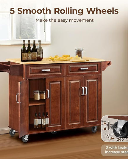 54“ Large Kitchen Island with Storage, Kitchen Cart on Wheels with 2 Large Drawers, Adjustable Shelf Inside Cabinet, Spice Rack & Towel Rack, Simple Design Rolling Island Table for Kitchen - LeafyLoom