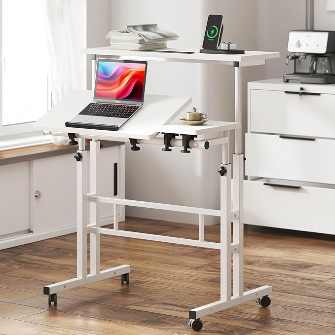 SDHYL 31.5 inches Movable Laptop Desk with Mouse Board Adjustable Height and Angle Anti-Slip Workstation Home Office Desk with Tablet Slot Portable Student Desk, White - LeafyLoom
