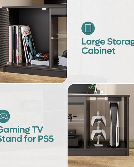 Bestier LED TV Stand with Power Outlets for 55/60/65 Inch TV, Gaming Entertainment Center with Cabinet for PS5, Modern TV Cabinet with Adjustable Glass Shelves for Living Room, Bedroom 58 Inch,Black - LeafyLoom