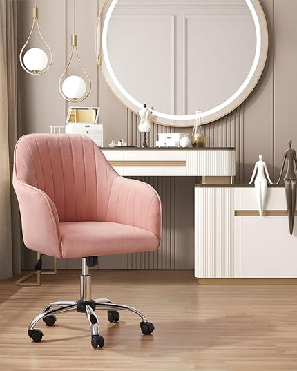 Yaheetech Velvet Vanity Chair Makeup Chair Cute Office Chair Aesthetic Desk Chair Height Adjustable Task Chairs 360° Swivel Computer Chair Living Room Chairs with Arms&Stainless Base Accent Pink - LeafyLoom