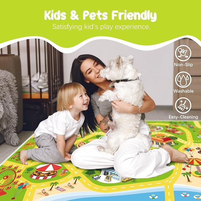 Kids Carpet Car Rug Play Mat for Playroom - 63"x 94" Non Slip Washable Kids Road Rug for Kids- Kids Educational Rug Ideal Gift for Toddler Classroom Boys Girls Bedroom Decor(Green) - LeafyLoom