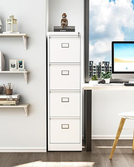 4 Drawer File Cabinet, Metal Vertical File Cabinets with Lock for Home Office, Heavy Duty Office Steel Filing Cabinet for Hanging Files for A4/ Legal/Letter,Assembly Required (White) - LeafyLoom