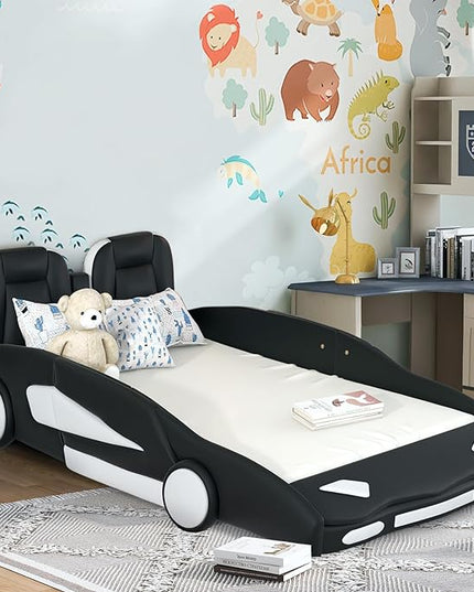 Twin Size Race Car-Shaped Bed Frame for Kids, Wooden Platform Bed with Guardrail and Upholstered Headboard, Wheels and Support Slats, for Boys Girls Child's Bedroom, No Spring Need (Black) - LeafyLoom