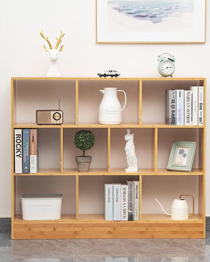 Maydear 47.24” Bamboo Bookshelf, 3 Tier Open Shelf Bookcases 10-Cube Bookshelf with Base, Freestanding Book Storage Organizer Display Shelf for Bedroom, Living Room, Home Office - LeafyLoom