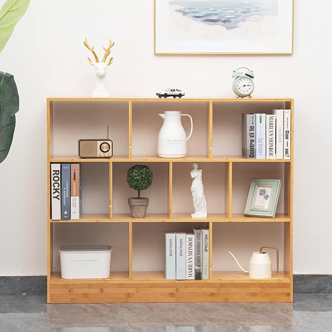 Maydear 47.24” Bamboo Bookshelf, 3 Tier Open Shelf Bookcases 10-Cube Bookshelf with Base, Freestanding Book Storage Organizer Display Shelf for Bedroom, Living Room, Home Office - LeafyLoom