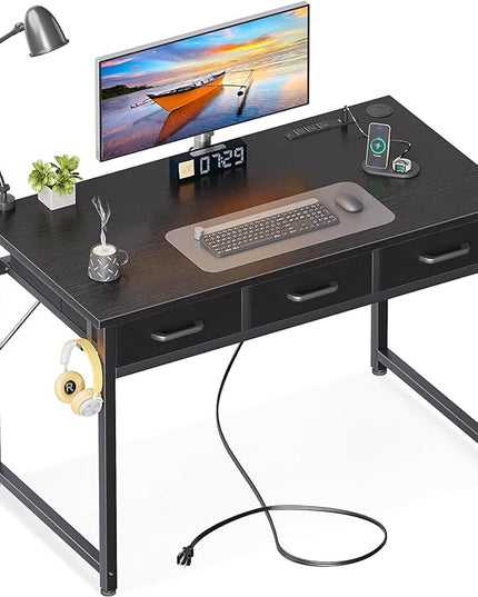 AODK 40 Inch Small Computer Desk with 3 Fabric Drawers, Office Desk with USB/Type-C Charging Ports & Power Outlets, Vanity Desk with Iron Hook for Bedroom, Study/Writing/Work Table for Bedroom, Black - LeafyLoom