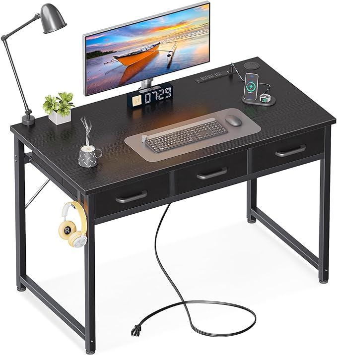 AODK 40 Inch Small Computer Desk with 3 Fabric Drawers, Office Desk with USB/Type-C Charging Ports & Power Outlets, Vanity Desk with Iron Hook for Bedroom, Study/Writing/Work Table for Bedroom, Black - LeafyLoom