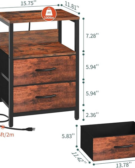 Yoobure Nightstand with Charging Station, Small Night Stand with Fabric Drawers and Storage Shelf for Bedrooms, Nightstands for Small Spaces Bedside Table with USB Ports & Outlets, Bed Side Table - LeafyLoom