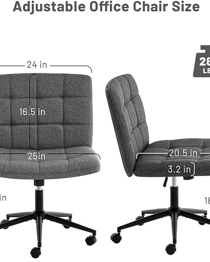Furniliving Armless Office Desk Chair, Linen Fabric Padded Swivel Chair, Adjustable Home Office Chair with 360° Wheels, Wide Criss Cross Chair for Desk for Living Room, Bedroom, Darkgrey - LeafyLoom