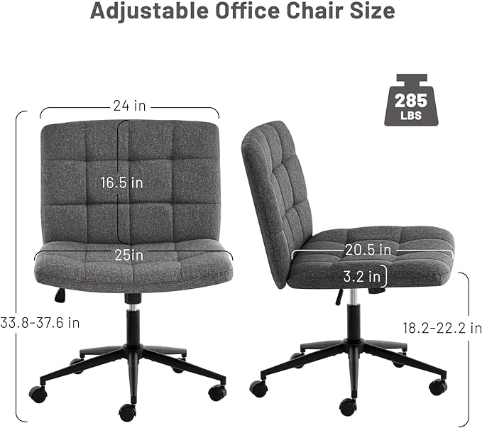 Furniliving Armless Office Desk Chair, Linen Fabric Padded Swivel Chair, Adjustable Home Office Chair with 360° Wheels, Wide Criss Cross Chair for Desk for Living Room, Bedroom, Darkgrey - LeafyLoom