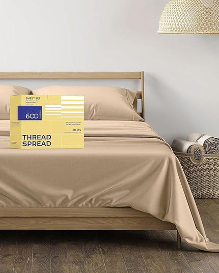 THREAD SPREAD Luxury Egyptian Cotton Sheets Twin XL Size - 600 Thread Count 3 PC Twin XL Sheets Deep Pockets, Extra Soft, Cooling Extra Long Staple Sateen Weave College Dorm Bedding Twin XL - Taupe - LeafyLoom