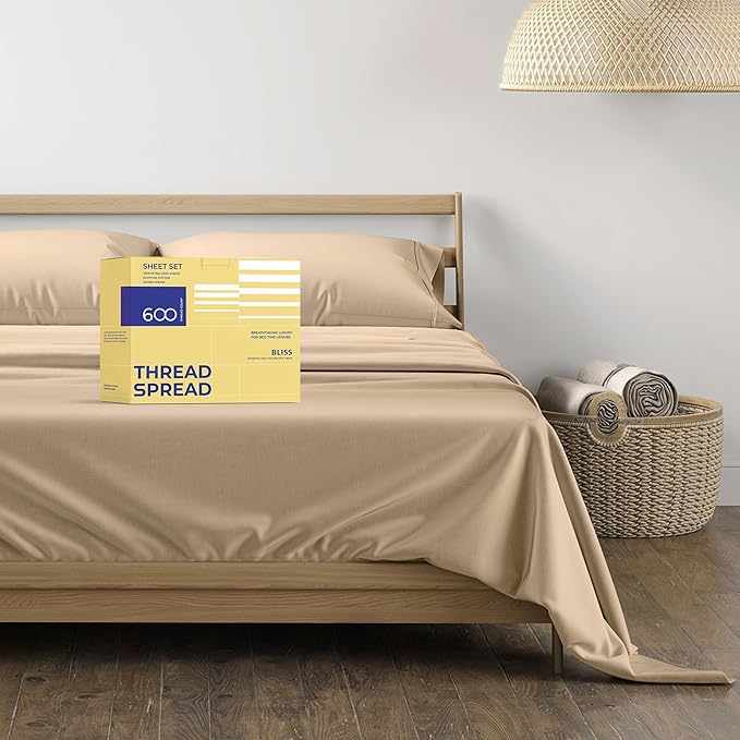 THREAD SPREAD 100% Egyptian Cotton Sheets Full Size - 600 Thread Count Sheets 4 PC 16" Deep Pocket Full Size Sheets Set, High Thread Count Soft Cooling Sateen Weave Hotel Luxury Sheets Set - Taupe - LeafyLoom
