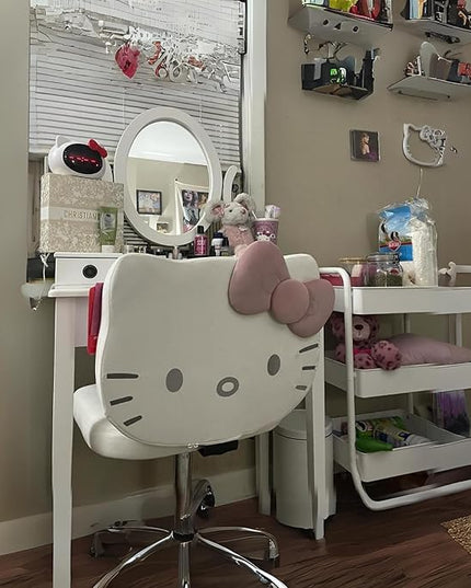 Impressions Vanity Hello Kitty Kawaii Swivel Vanity Chair for Makeup Room, Adjustable Height Cute Desk Chair with Wheels Rolling, Comfy Polyurethane Foam Back Armless Chair for Dorm (White) - LeafyLoom