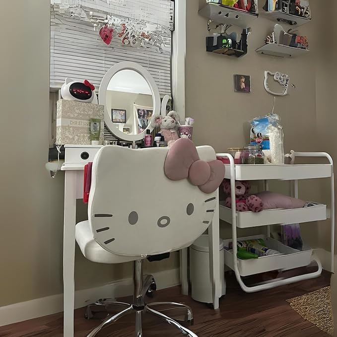 Impressions Vanity Hello Kitty Kawaii Swivel Vanity Chair for Makeup Room, Adjustable Height Cute Desk Chair with Wheels Rolling, Comfy Polyurethane Foam Back Armless Chair for Dorm (White) - LeafyLoom