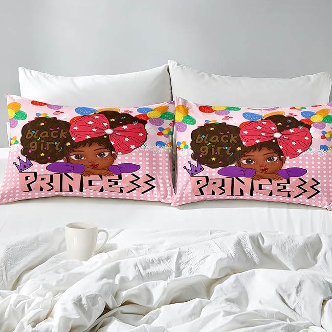 Black Girl Queen Comforter Set Black African American Girls Queen Comforter Set Princess Queen Bedding Set Room Decor Black Girl Kids Queen Bedding Sets for Girls, 1 Comforter+2 Pillowcases - LeafyLoom