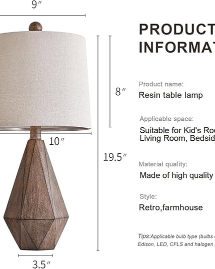 PoKat 20.25" Retro Farmhouse Table Lamp Set of 2 for Living Room Bedroom Rustic Linen Bedside Nightstand Lamps for Kids Room Study Room Office Table Lamps Resin - LeafyLoom