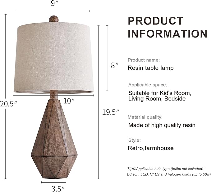 PoKat 20.25" Retro Farmhouse Table Lamp Set of 2 for Living Room Bedroom Rustic Linen Bedside Nightstand Lamps for Kids Room Study Room Office Table Lamps Resin - LeafyLoom