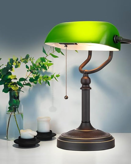 Newrays Antique Green Glass Bankers Desk Lamp with Pull Chain Switch Plug in Fixture - LeafyLoom
