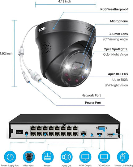 ZOSI 16CH 4K PoE Security Camera System with 4TB HDD,8pcs 8MP 4K PoE Cameras Outdoor Indoor,Person Vehicle Detection,Two-Way Talk,Spotlight Siren Alarm,Color Night Vision,8MP NVR for 24/7 Recording ZOSI